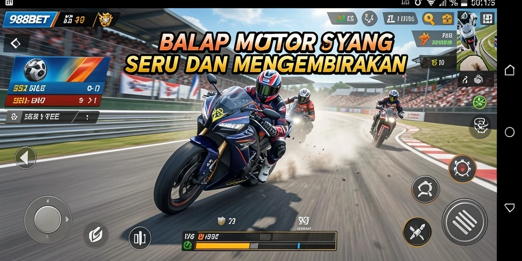 Screenshot utama 988BET menampilkan aksi balapan motor yang mendebarkan.