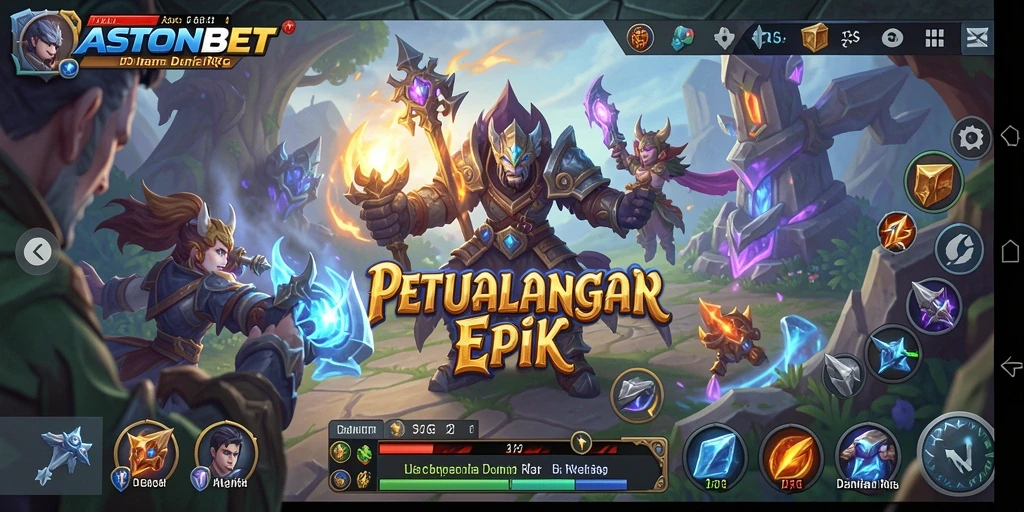 Screenshot gameplay ASTONBET yang menunjukkan aksi pertarungan RPG.