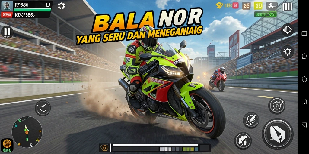 Gameplay RP886 menampilkan balapan motor yang mendebarkan dengan grafis yang menakjubkan.